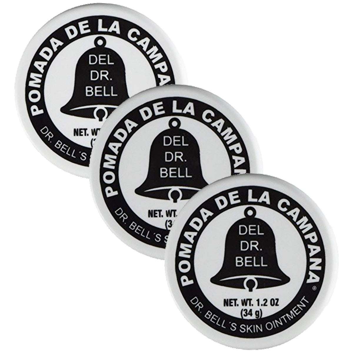 Dr Bell's Pomada De La Campana front packaging showing three 1.2 oz tubs, portable and convenient