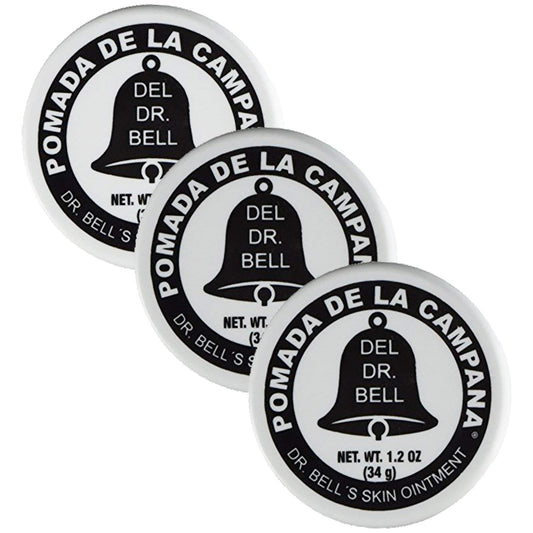 Dr Bell's Pomada De La Campana front packaging showing three 1.2 oz tubs, portable and convenient