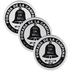 Dr Bell's Pomada De La Campana front packaging showing three 1.2 oz tubs, portable and convenient
