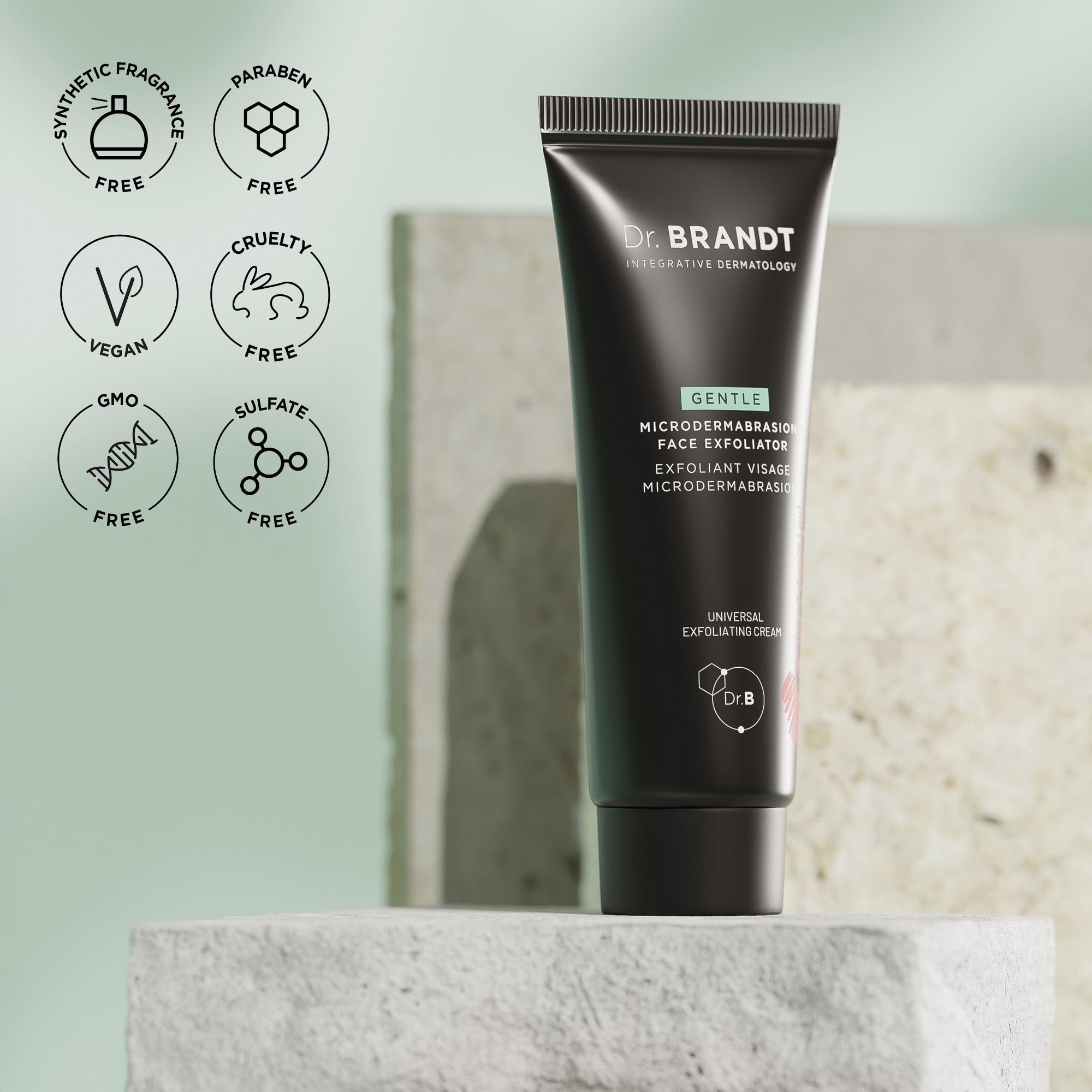 Dr. Brandt bottle styled on bathroom counter suggesting daily use