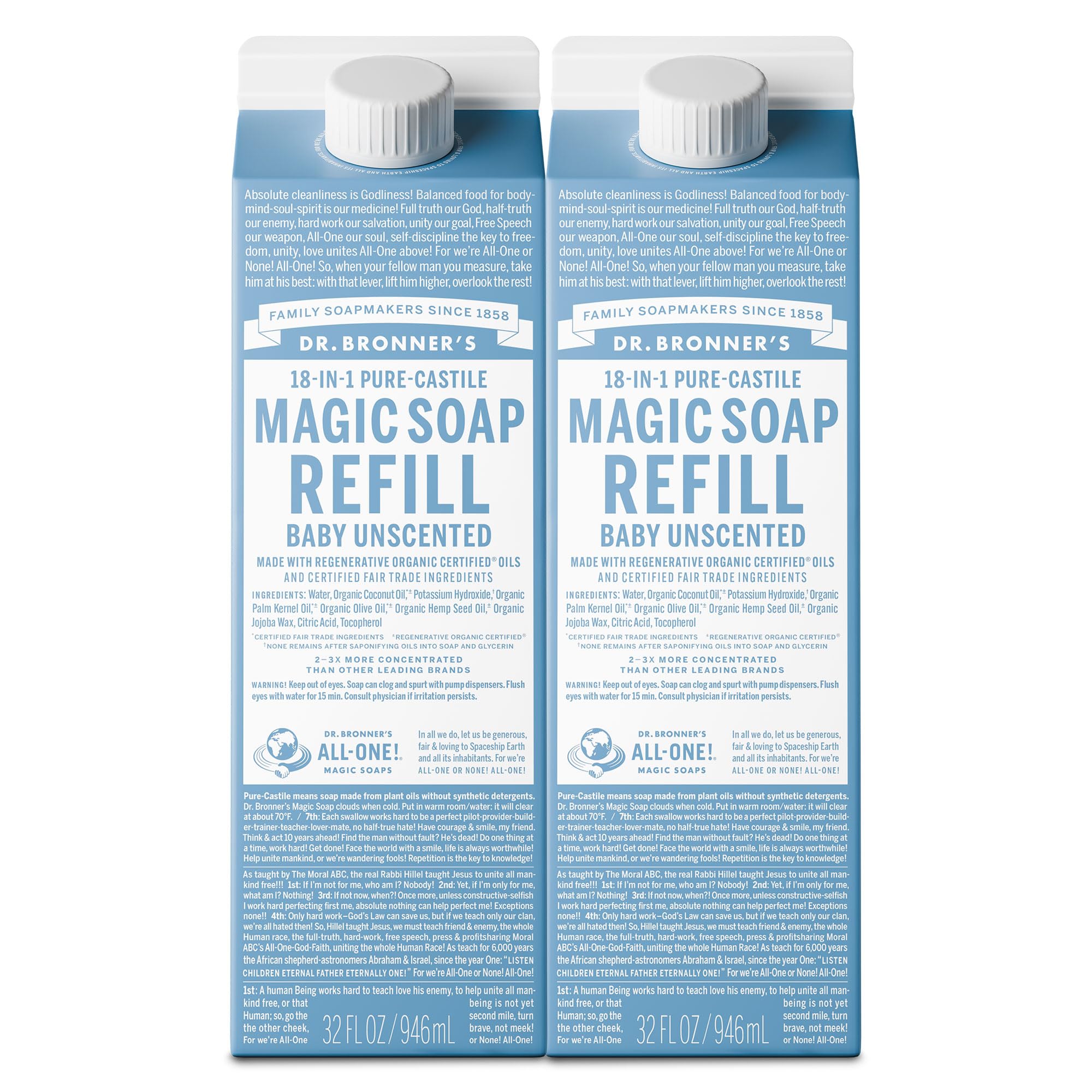 Dr. Bronner's refill front packaging showing product and benefits
