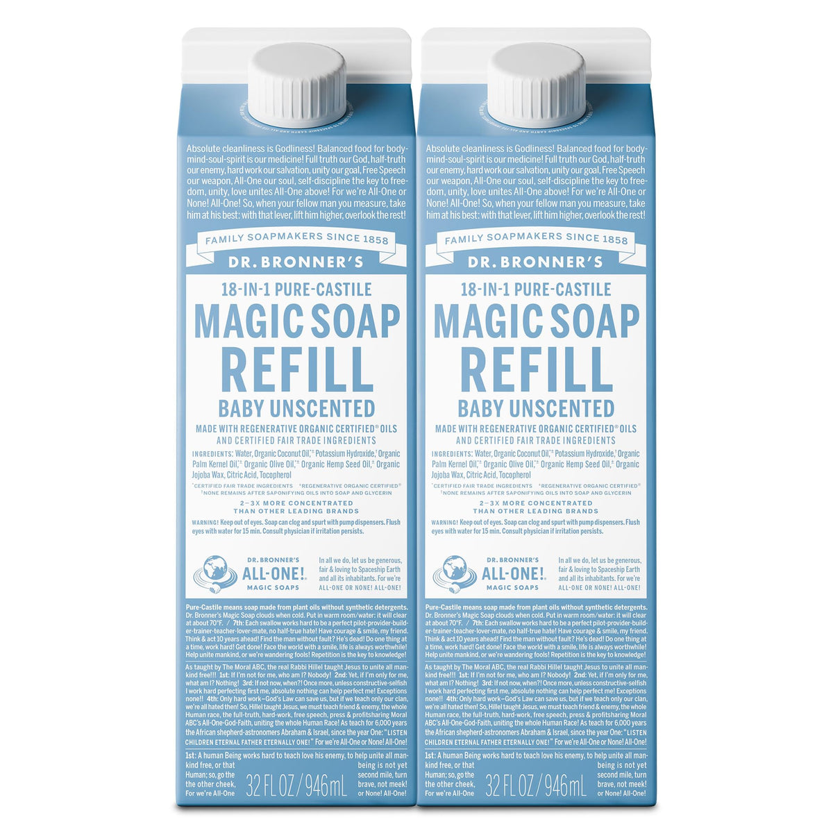 Dr. Bronner's refill front packaging showing product and benefits