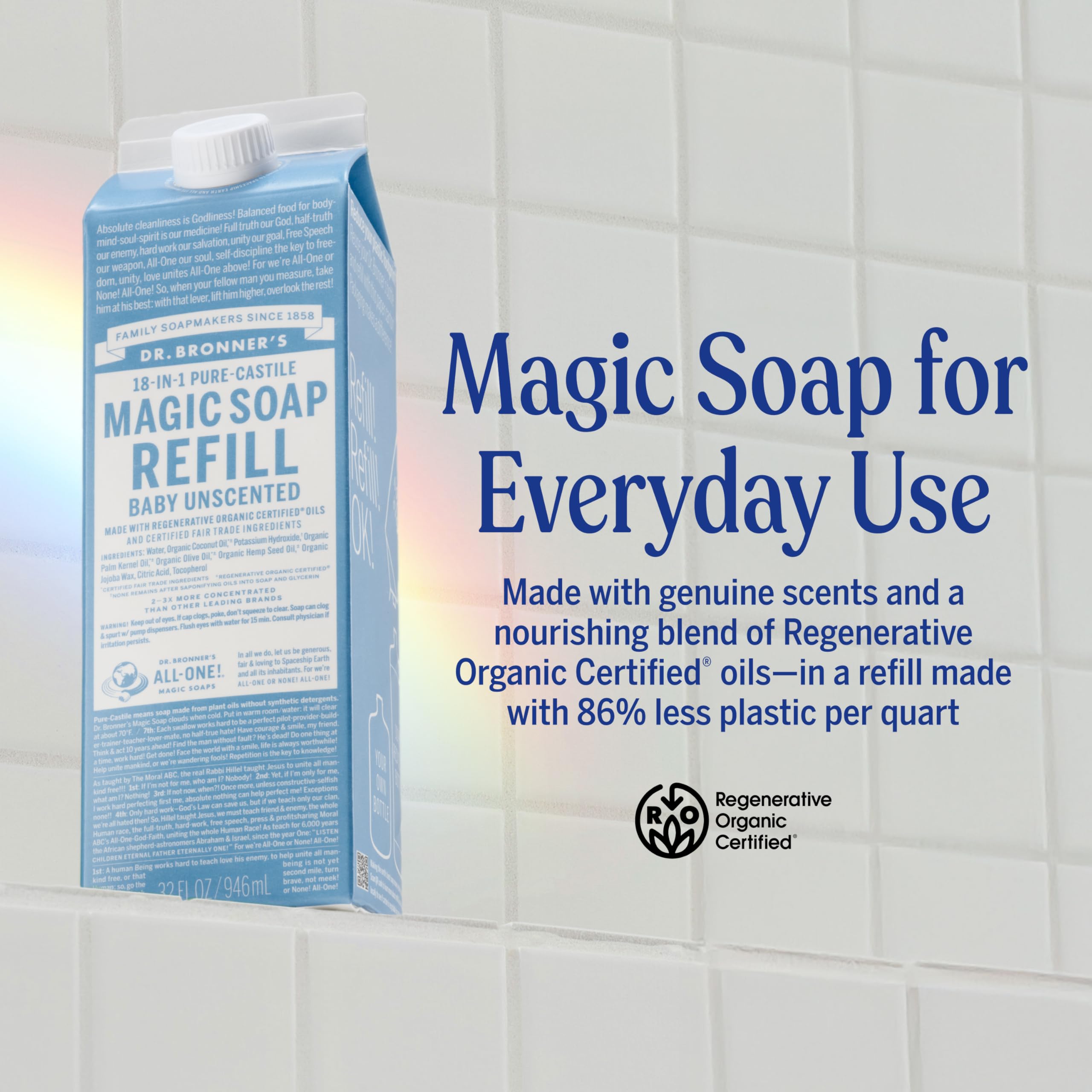 Dr. Bronner's refill carton pour spout being opened for easy transfer