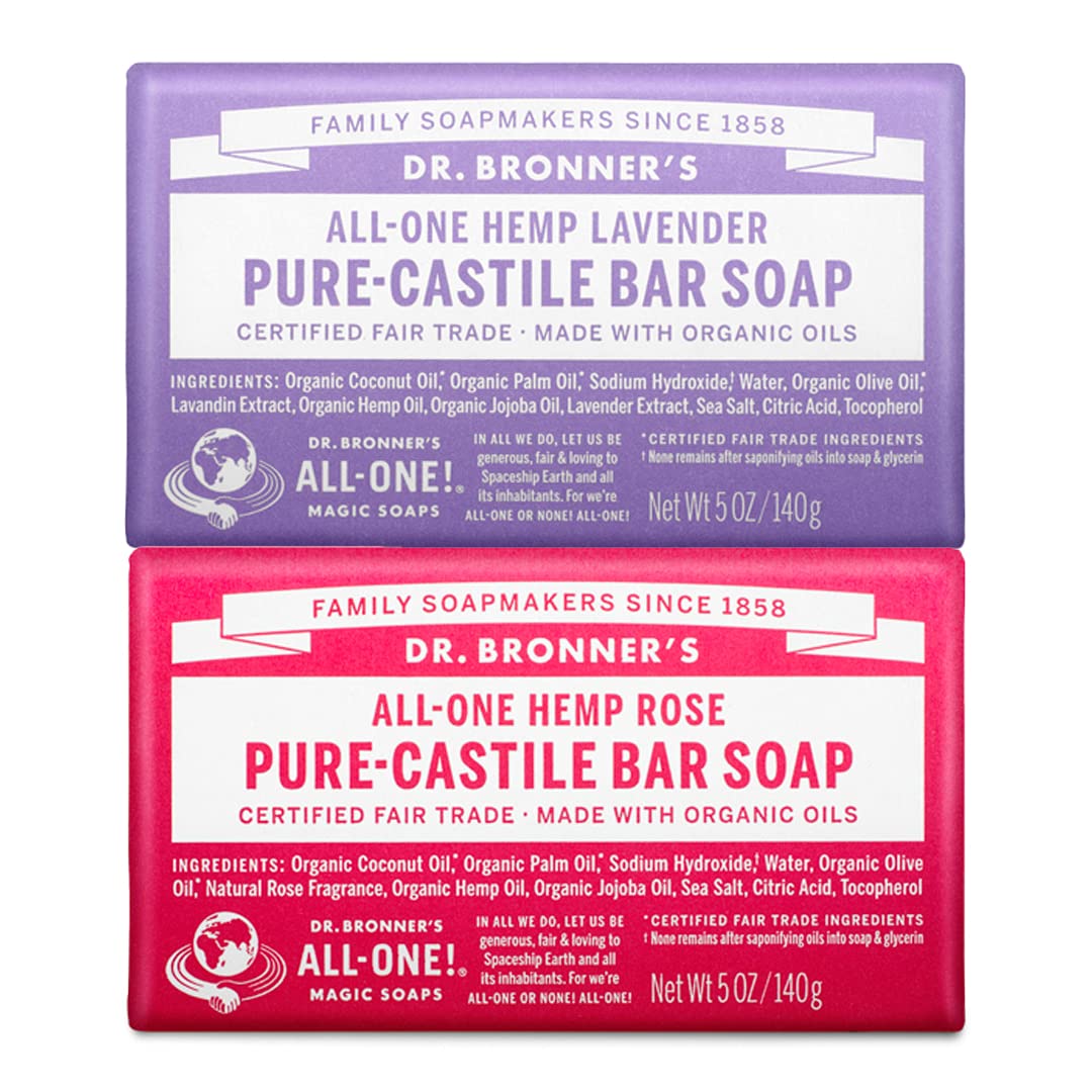 Dr. Bronner's front packaging showing rose and lavender bars, clear product identity and eco benefits