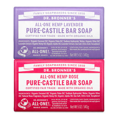 Dr. Bronner's front packaging showing rose and lavender bars, clear product identity and eco benefits