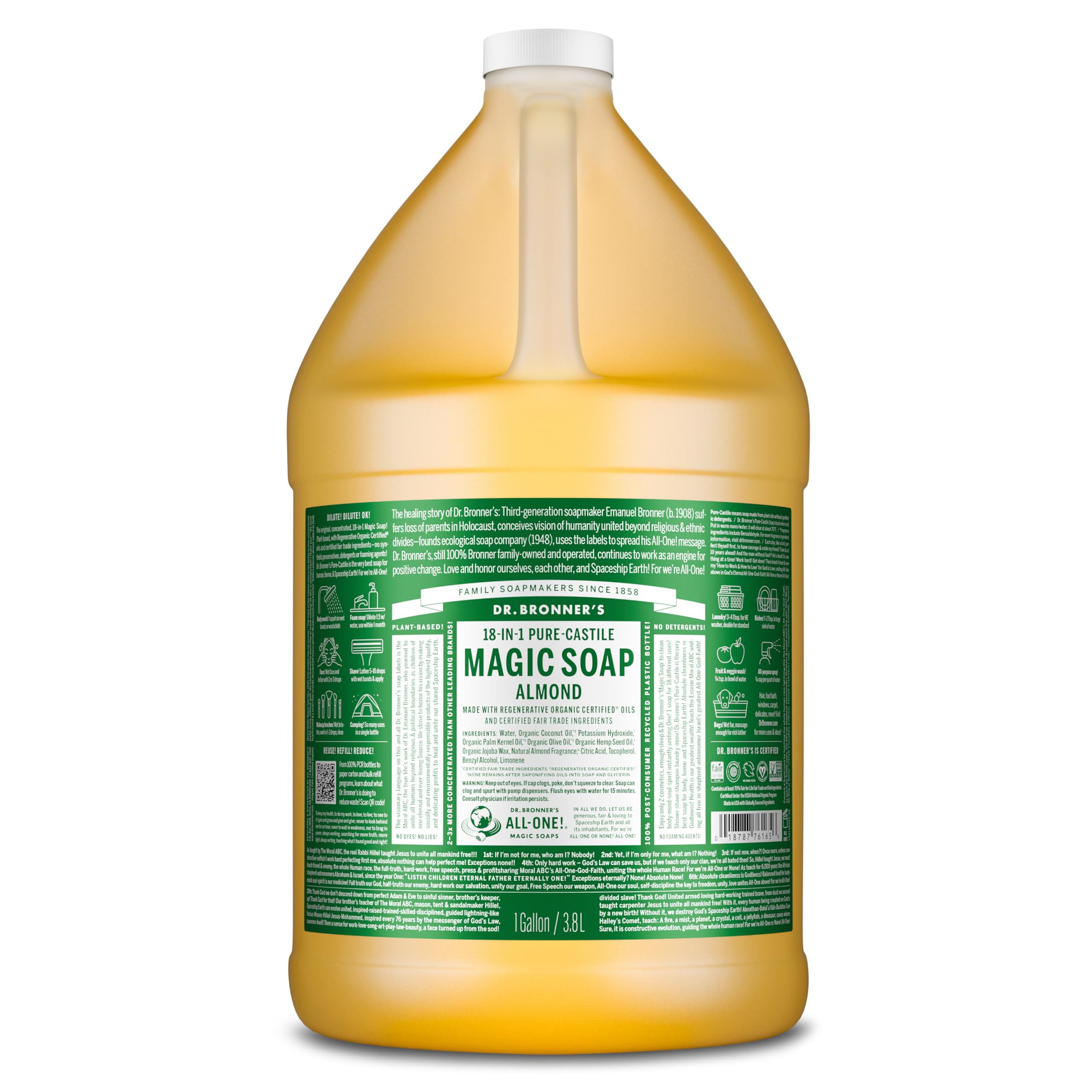 Dr. Bronner's 1-gallon front label showing almond scent and certifications for clarity