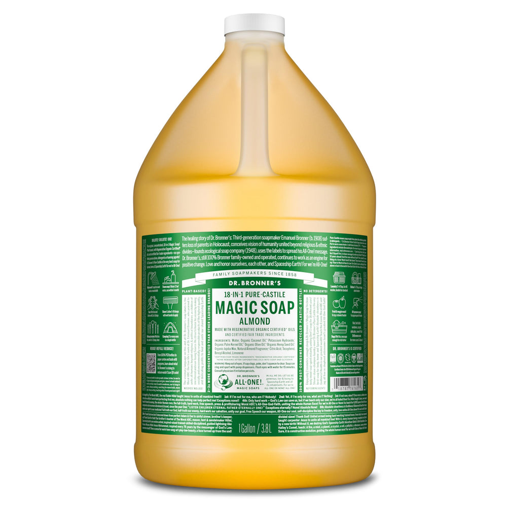 Dr. Bronner's 1-gallon front label showing almond scent and certifications for clarity