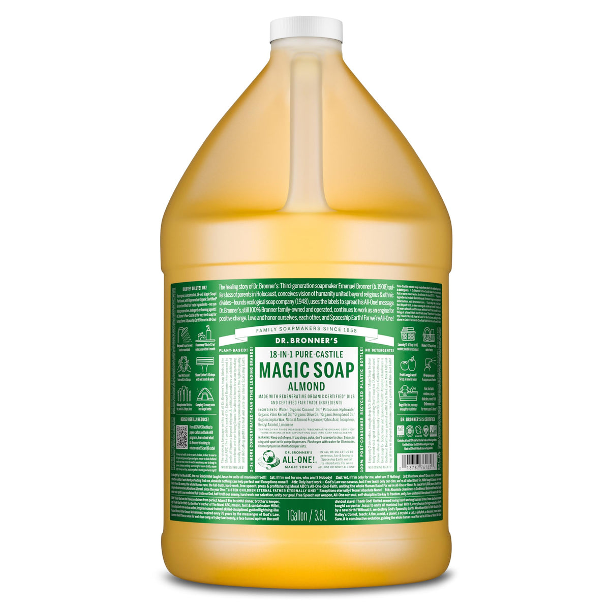 Dr. Bronner's 1-gallon front label showing almond scent and certifications for clarity