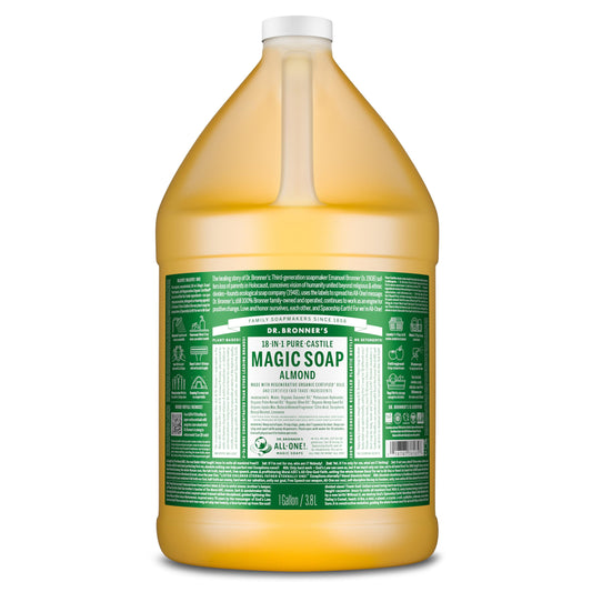 Dr. Bronner's 1-gallon front label showing almond scent and certifications for clarity