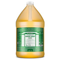 Dr. Bronner's 1-gallon front label showing almond scent and certifications for clarity