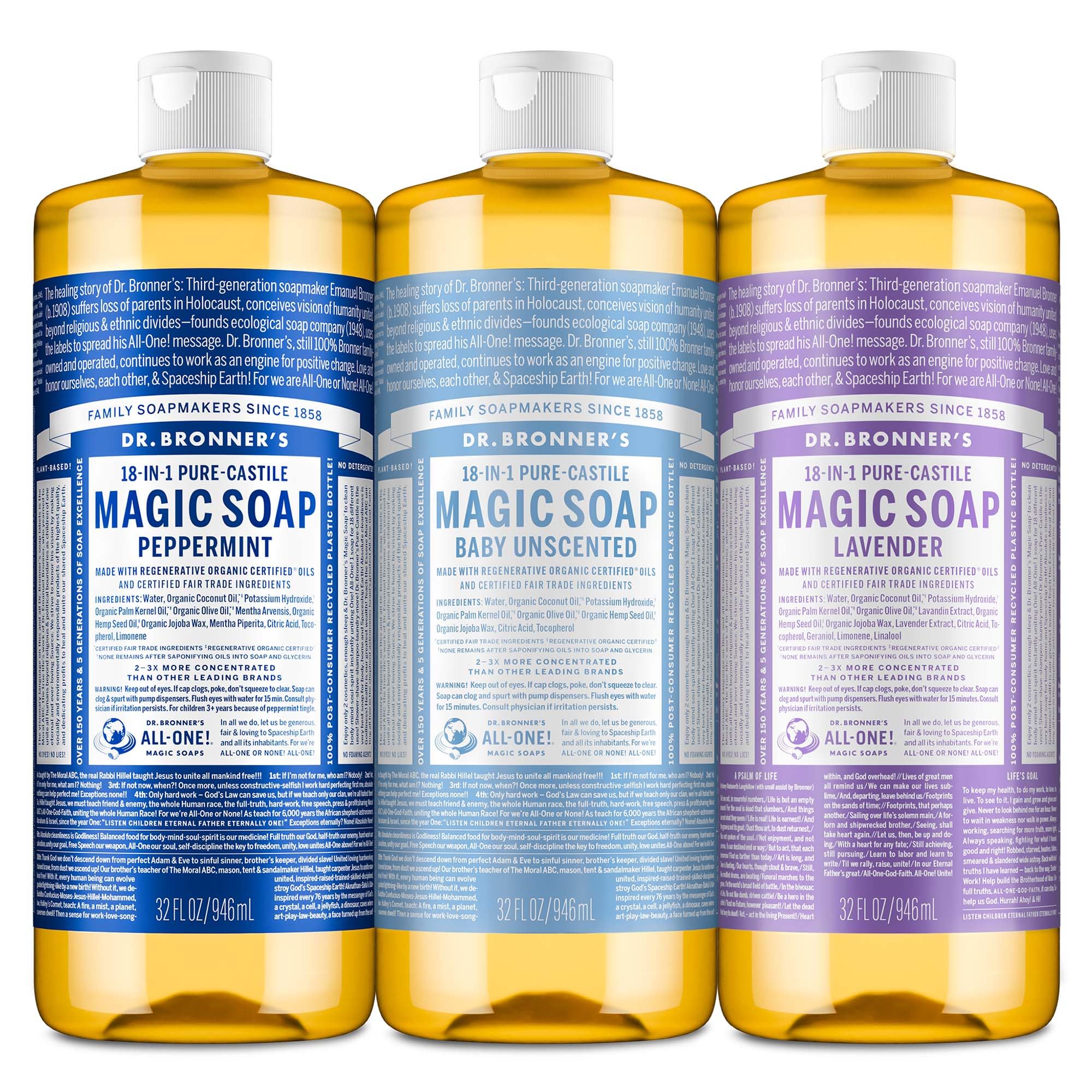 Dr. Bronner's three-pack front view showing variety and value