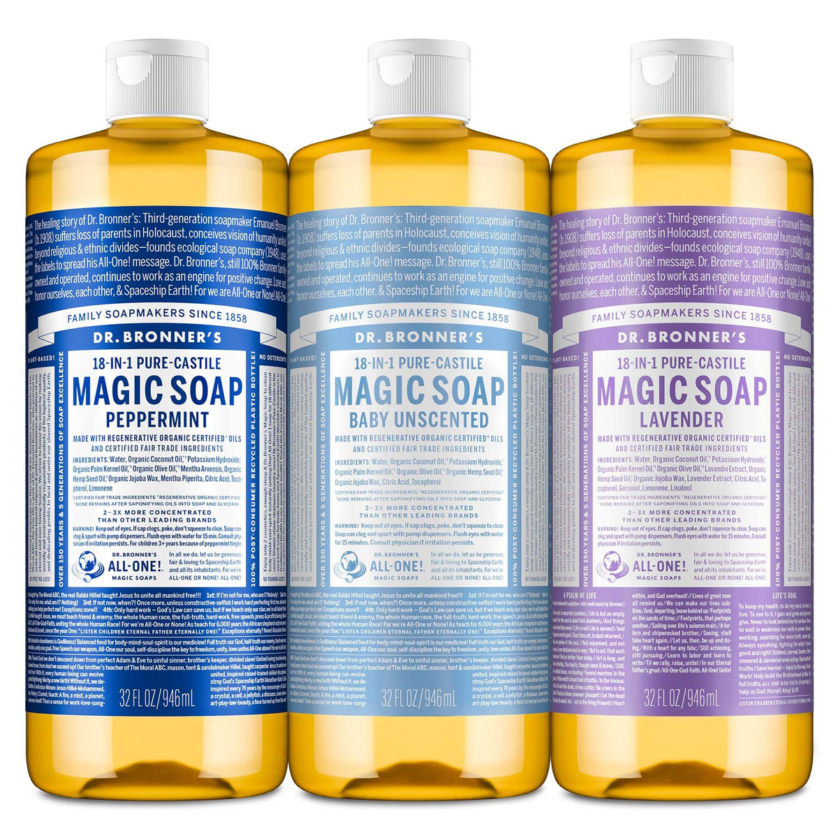 Dr. Bronner's three-pack front view showing variety and value