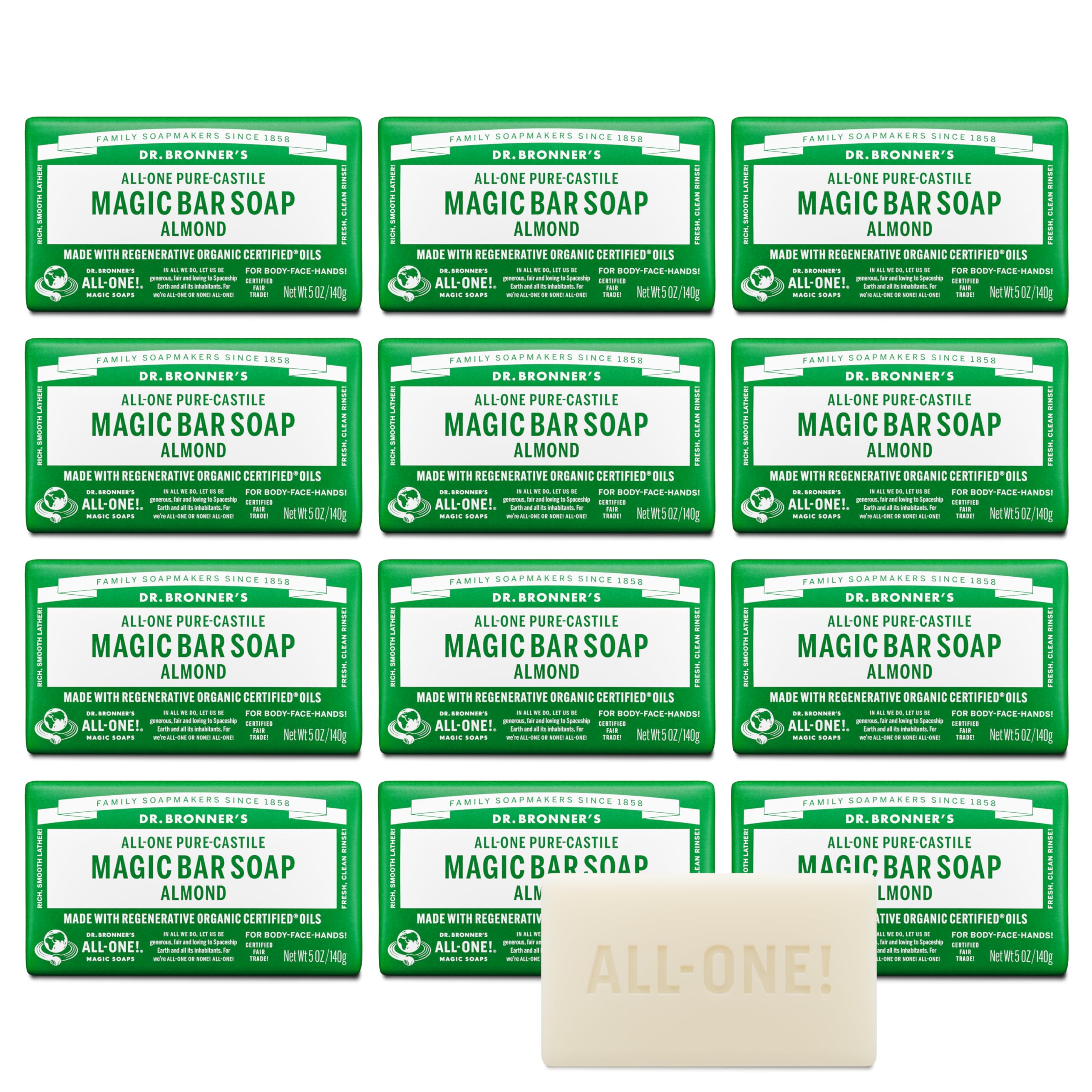 Dr. Bronner's almond bar front packaging showing brand and scent, eco benefit