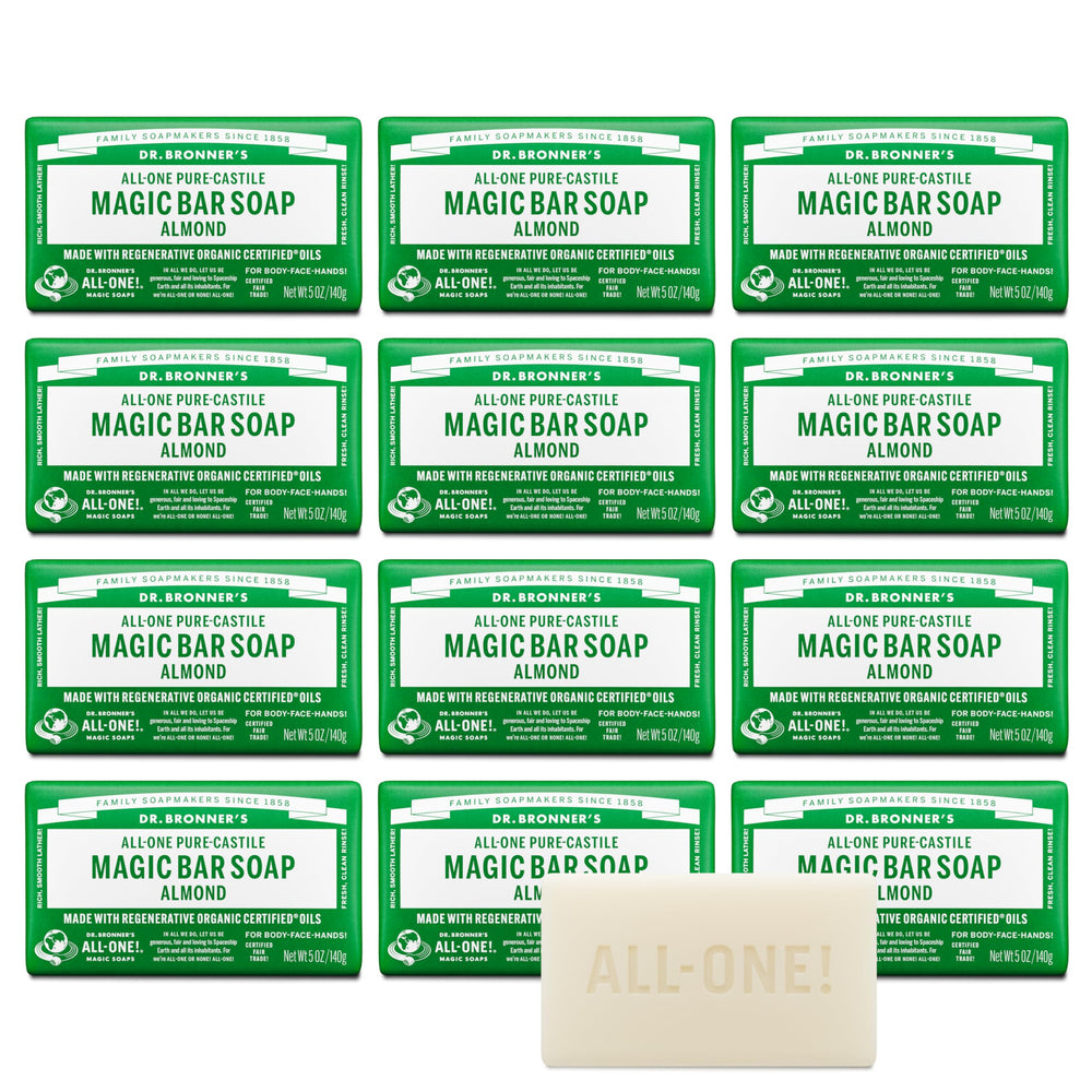 Dr. Bronner's almond bar front packaging showing brand and scent, eco benefit
