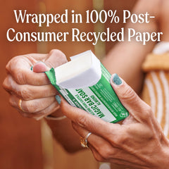 Dr. Bronner's almond bar recycled paper wrap detail showing reduced waste benefit