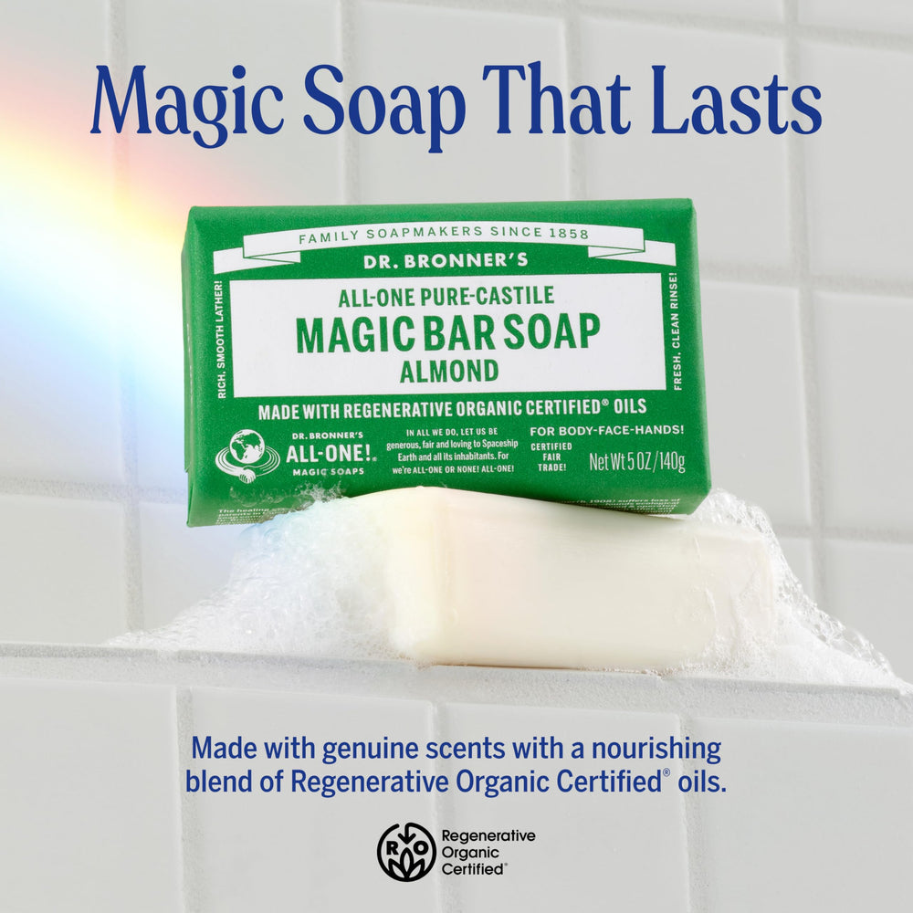 Dr. Bronner's almond bar unwrapped close-up revealing texture, communicates natural formulation