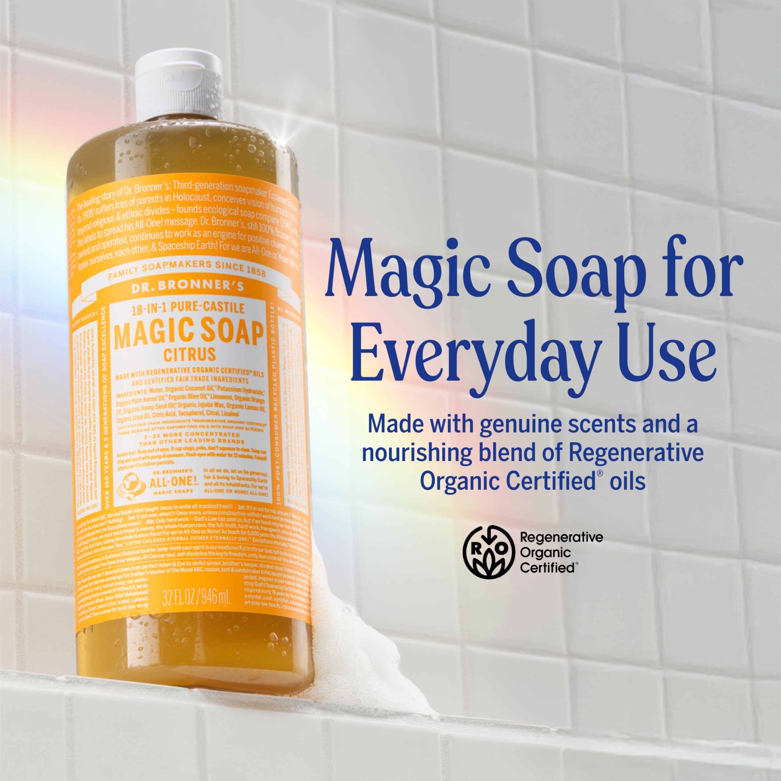 Dr. Bronner's Almond bottle close-up highlighting moisturizing lather benefit