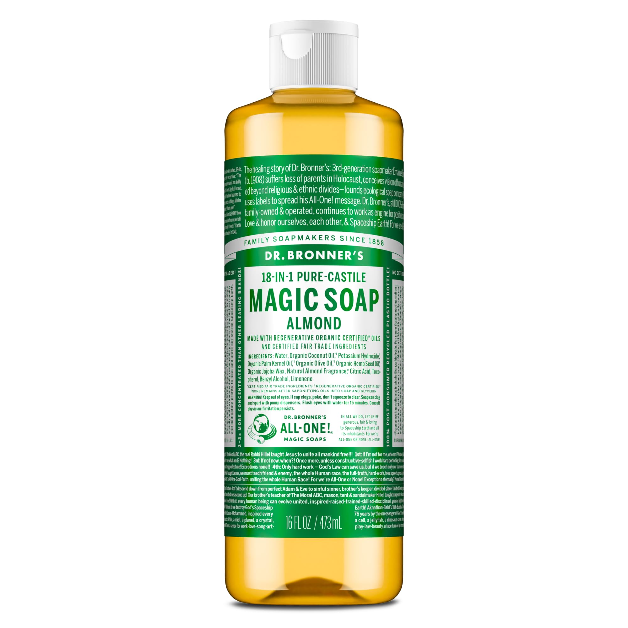 Dr. Bronner's almond bottle front view showing label and size benefits