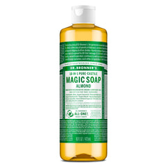 Dr. Bronner's almond bottle front view showing label and size benefits