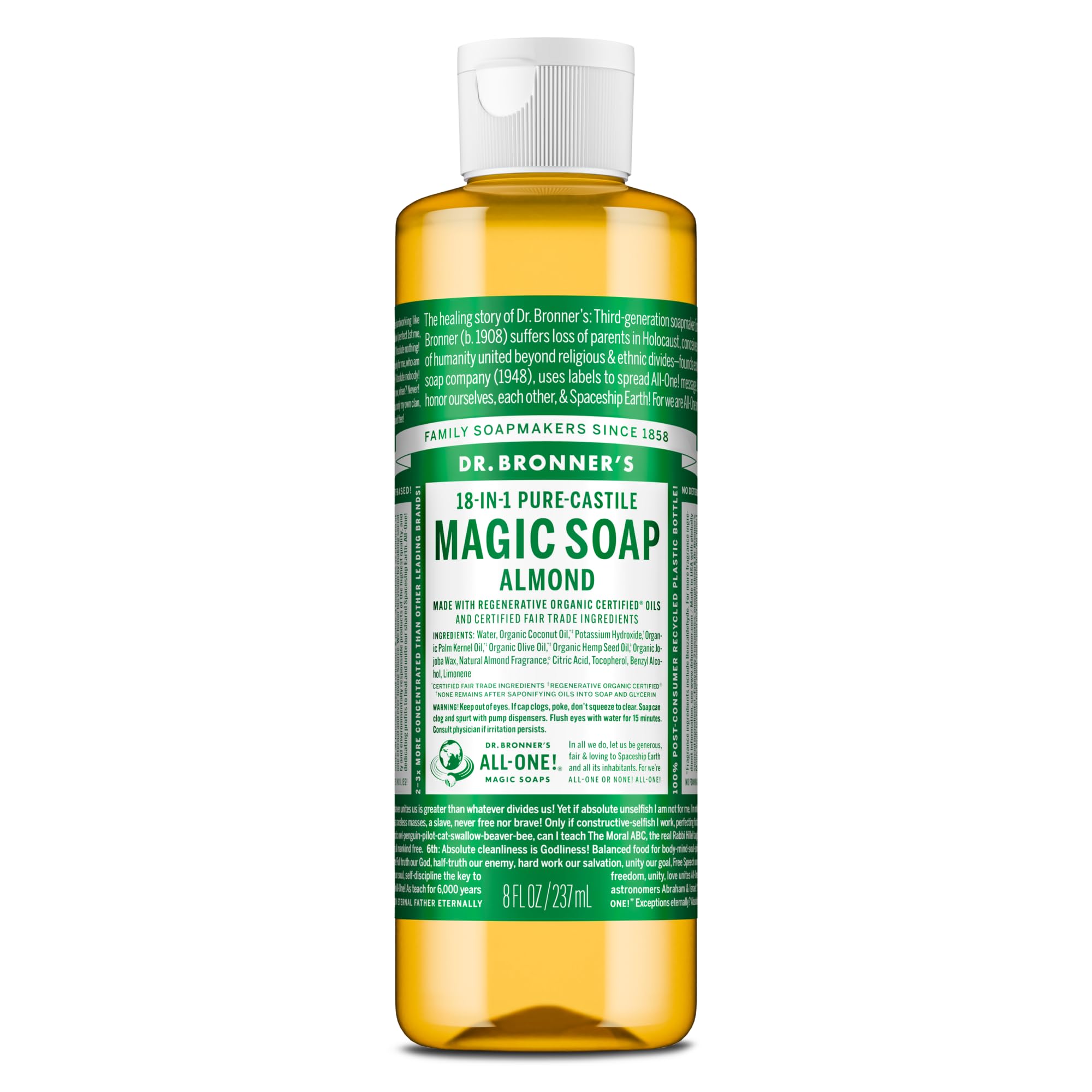 Dr. Bronner's bottle front label showing organic almond benefits