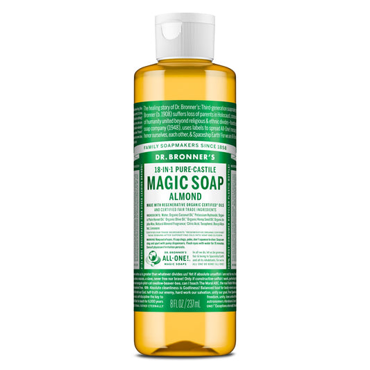 Dr. Bronner's bottle front label showing organic almond benefits