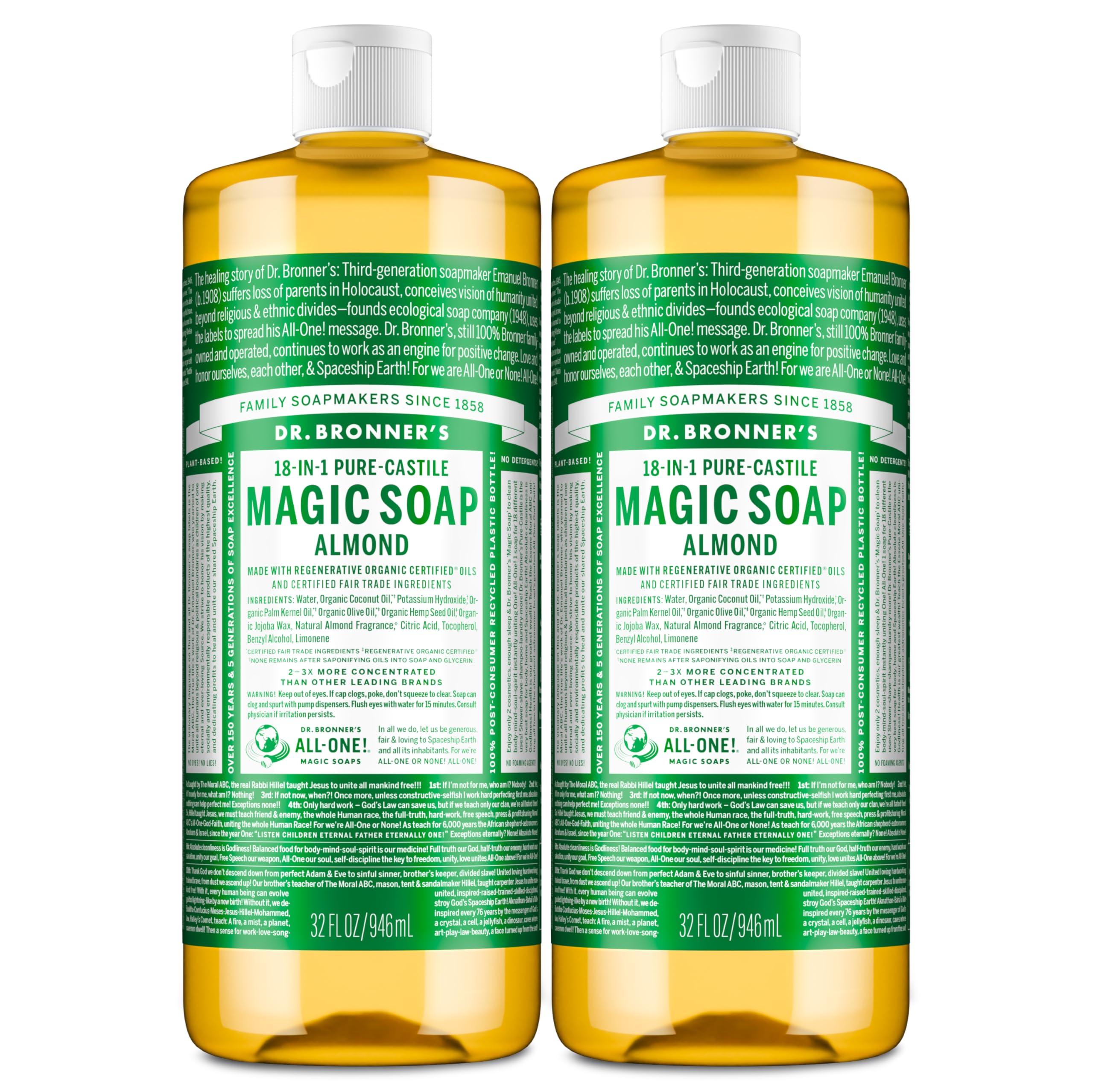 Dr. Bronner's almond front packaging showing dual 32oz bottles and sustainable value