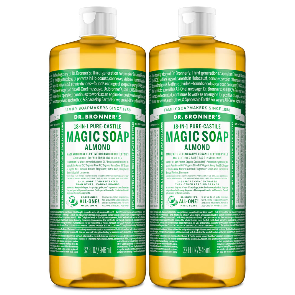 Dr. Bronner's almond front packaging showing dual 32oz bottles and sustainable value