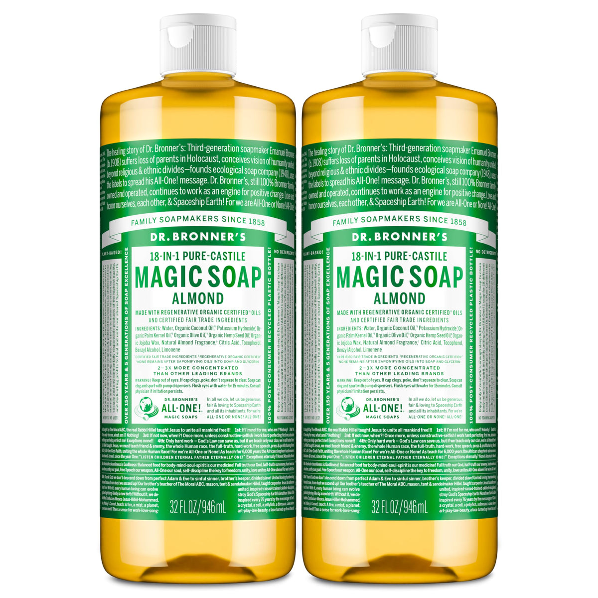 Dr. Bronner's almond front packaging showing dual 32oz bottles and sustainable value