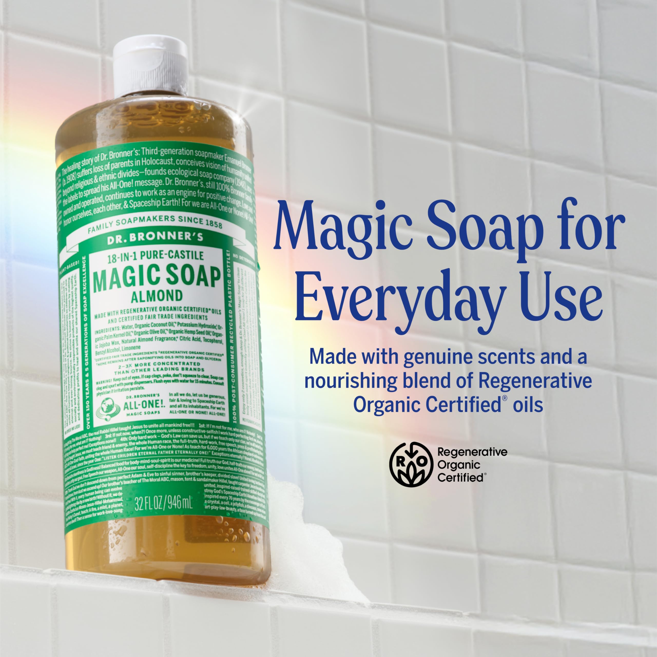 Dr. Bronner's label closeup highlighting organic and fair-trade ingredient claims