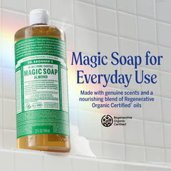 Dr. Bronner's label closeup highlighting organic and fair-trade ingredient claims