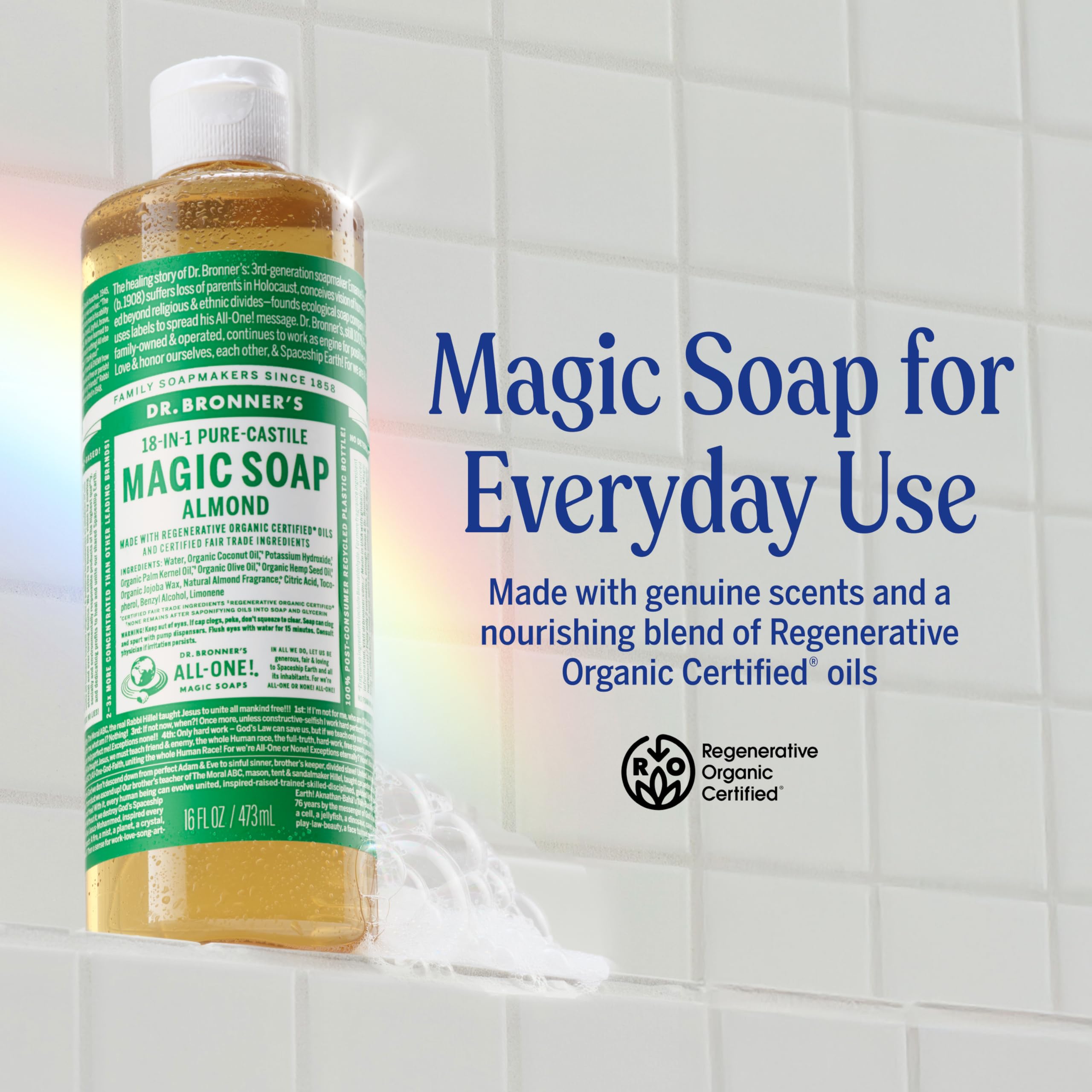Dr. Bronner's almond soap pouring from bottle demonstrating concentrated control