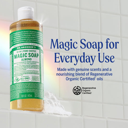Dr. Bronner's almond soap pouring from bottle demonstrating concentrated control