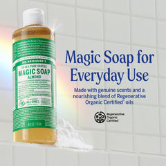 Dr. Bronner's almond soap being poured from bottle for easy dilution