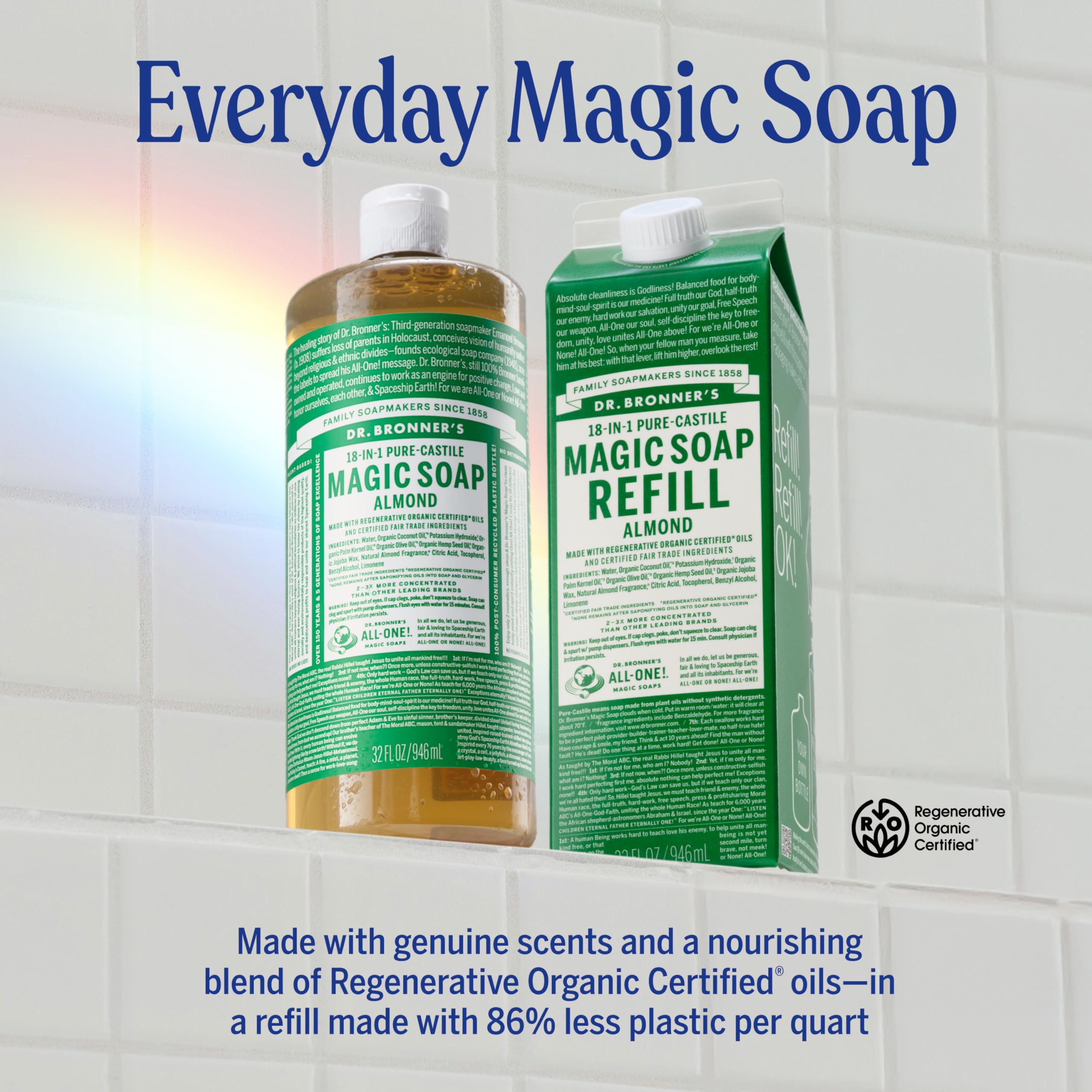 Dr. Bronner's almond poured into pump bottle creating usable lather