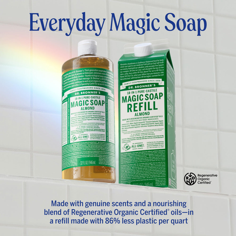 Dr. Bronner's almond poured into pump bottle creating usable lather