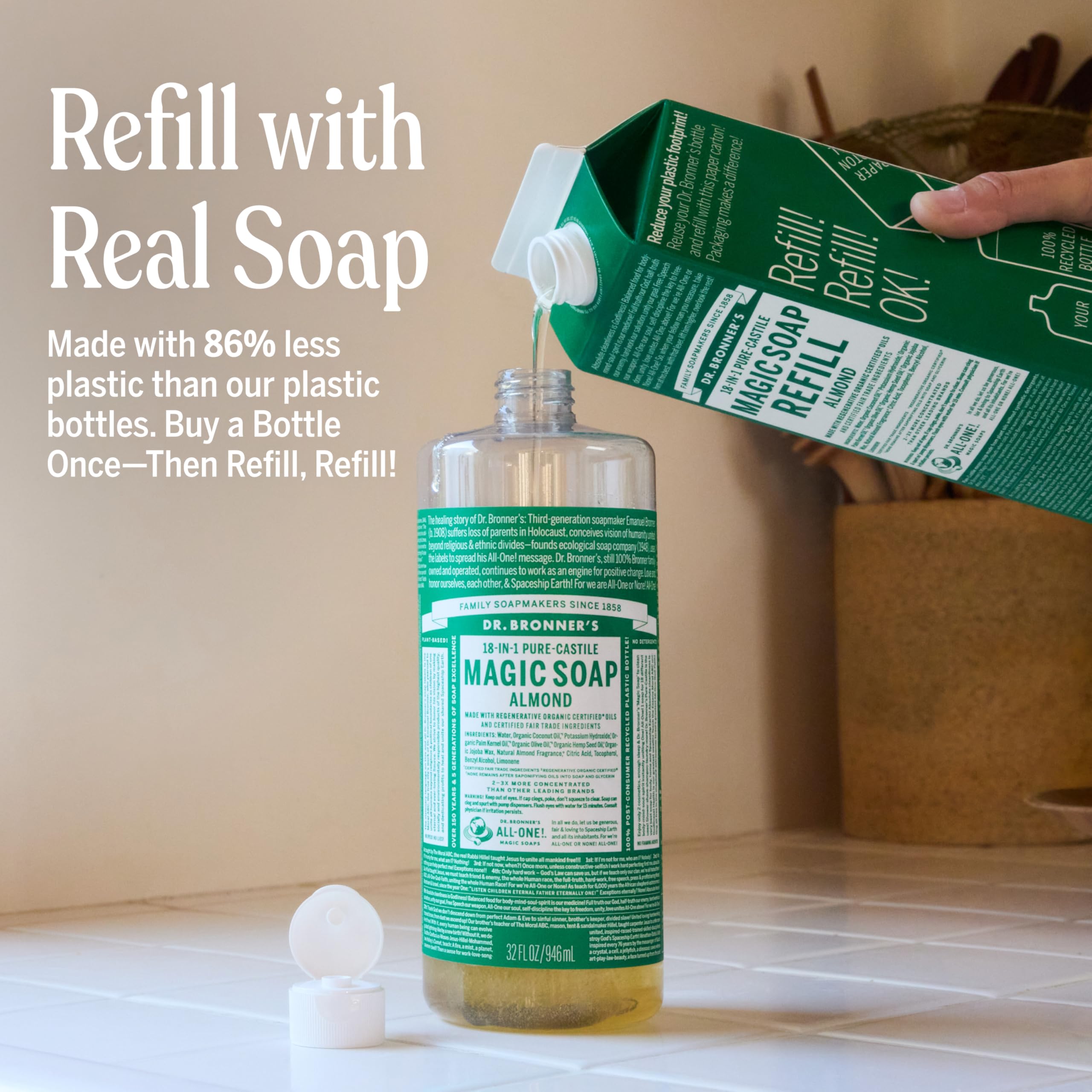 Dr. Bronner's almond refill pouch reduces waste and offers easy transfer