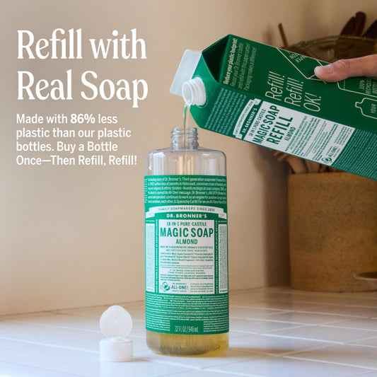 Dr. Bronner's almond refill pouch reduces waste and offers easy transfer