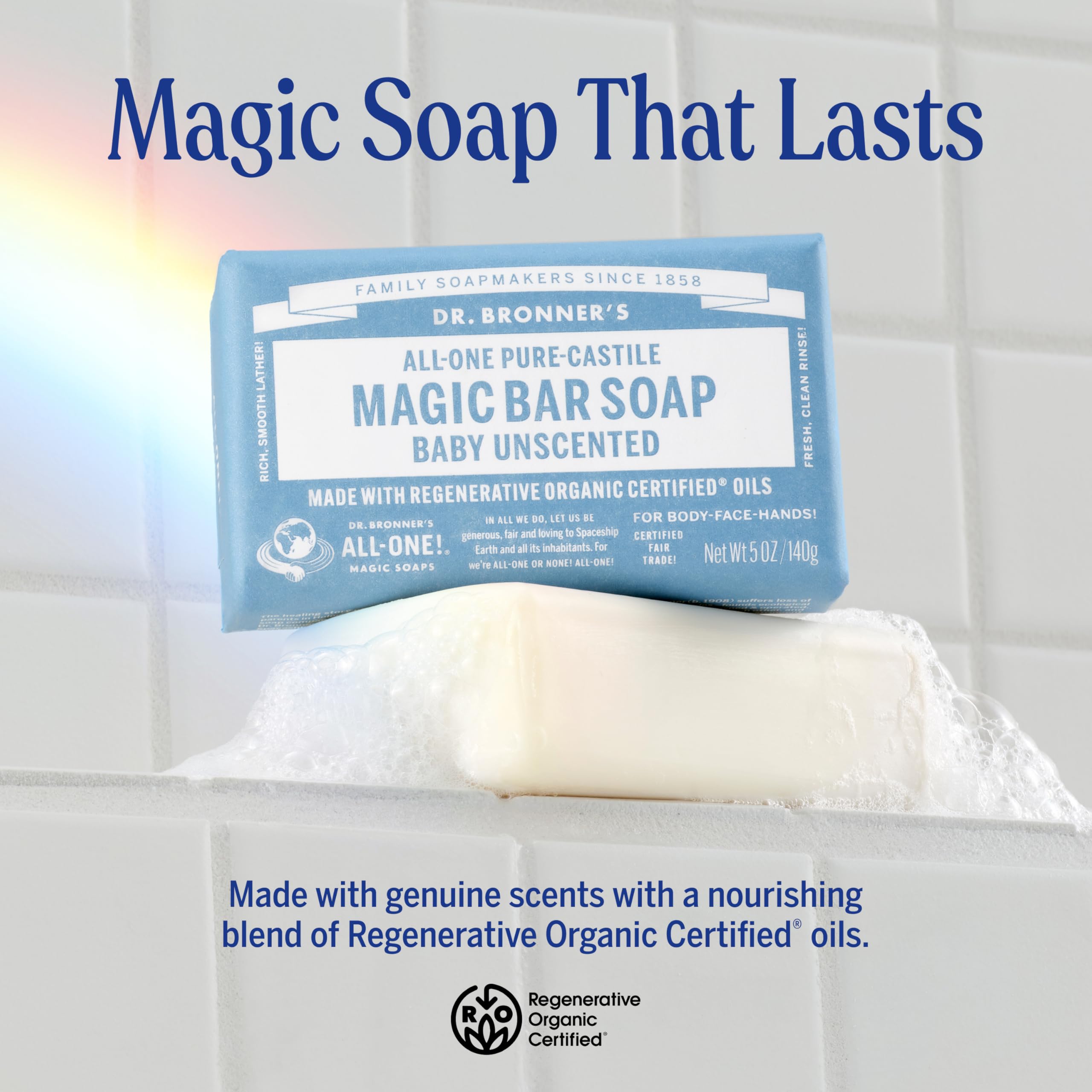 close-up of Dr. Bronner's bar texture highlighting smooth, dense soap surface and gentle formula