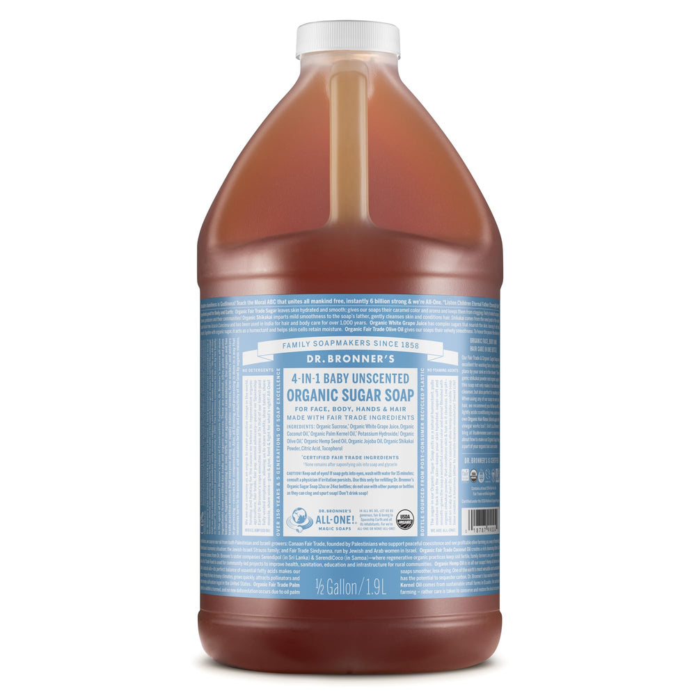 Dr. Bronner's bottle front label showing ingredients and size, clarifying product benefits