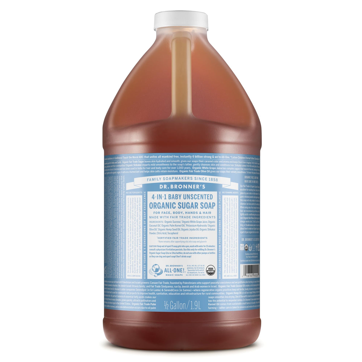 Dr. Bronner's bottle front label showing ingredients and size, clarifying product benefits