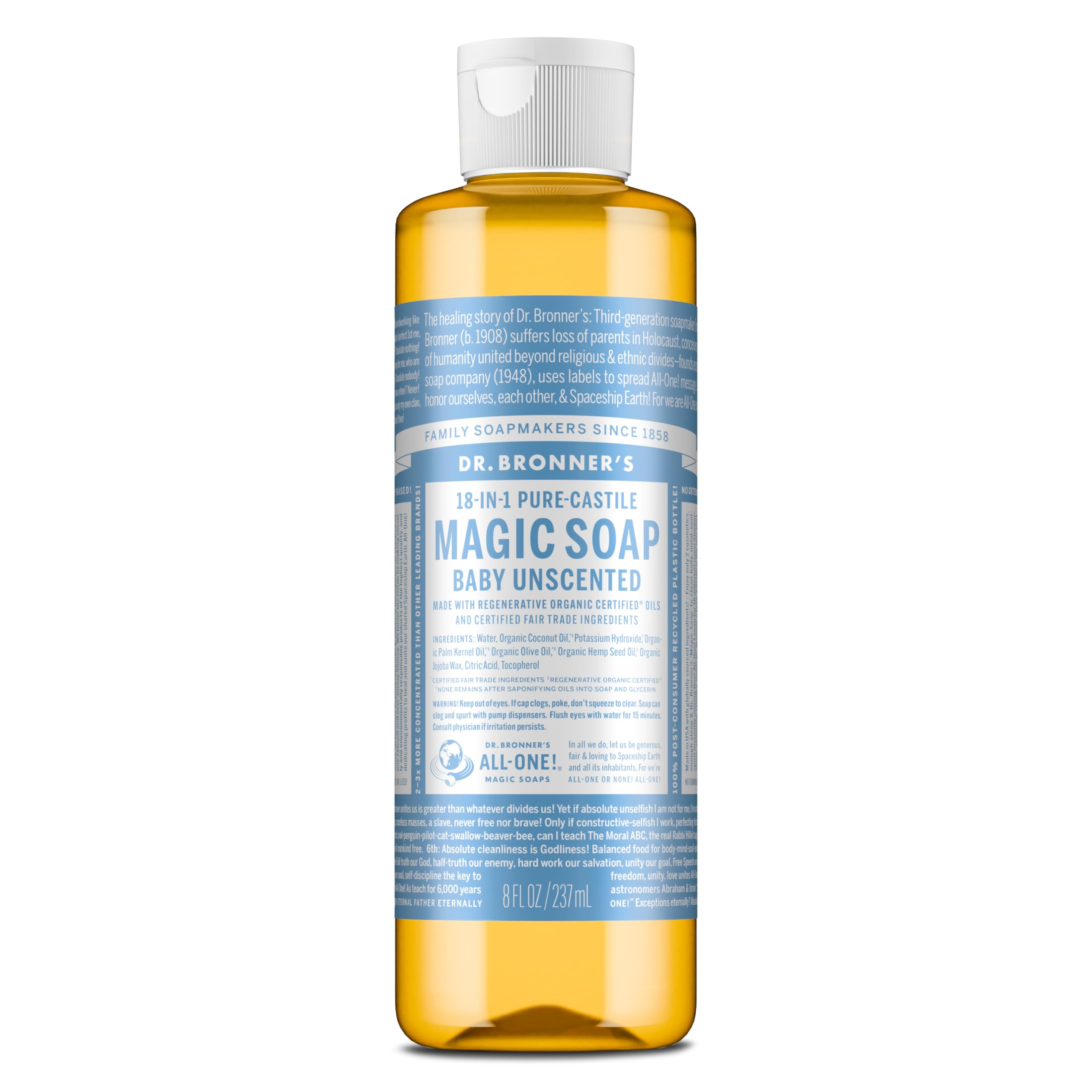 Dr. Bronner's baby unscented front label showing clear ingredients and benefit