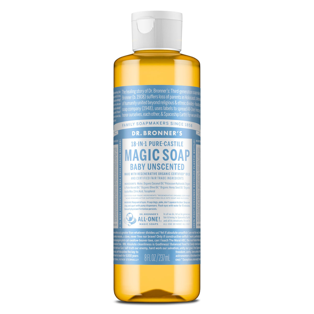 Dr. Bronner's baby unscented front label showing clear ingredients and benefit
