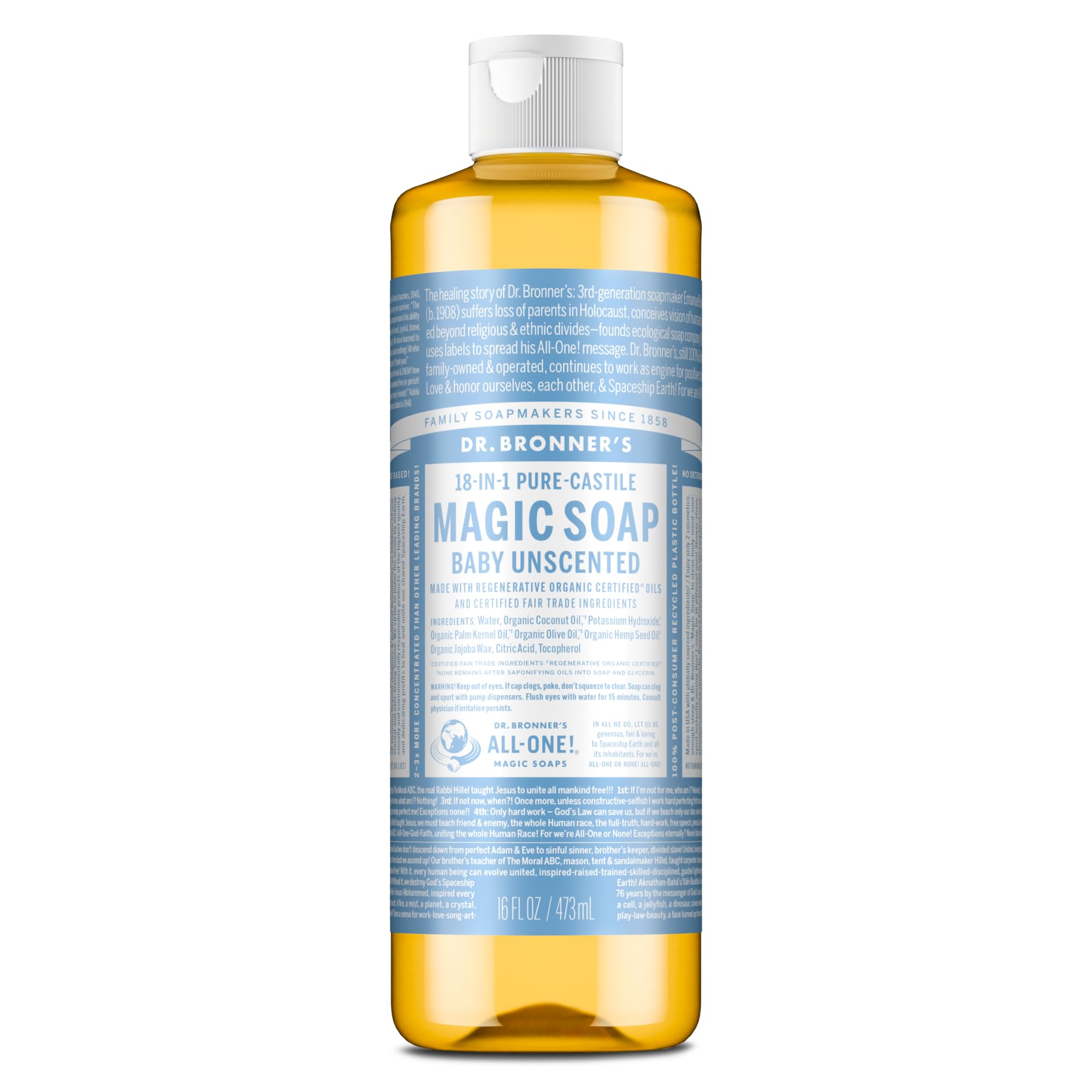 Dr. Bronner's front packaging showing clean unscented bottle and benefits