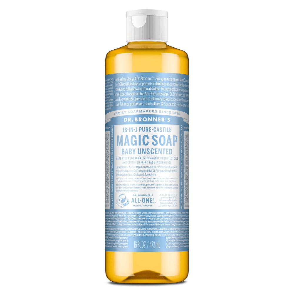 Dr. Bronner's front packaging showing clean unscented bottle and benefits