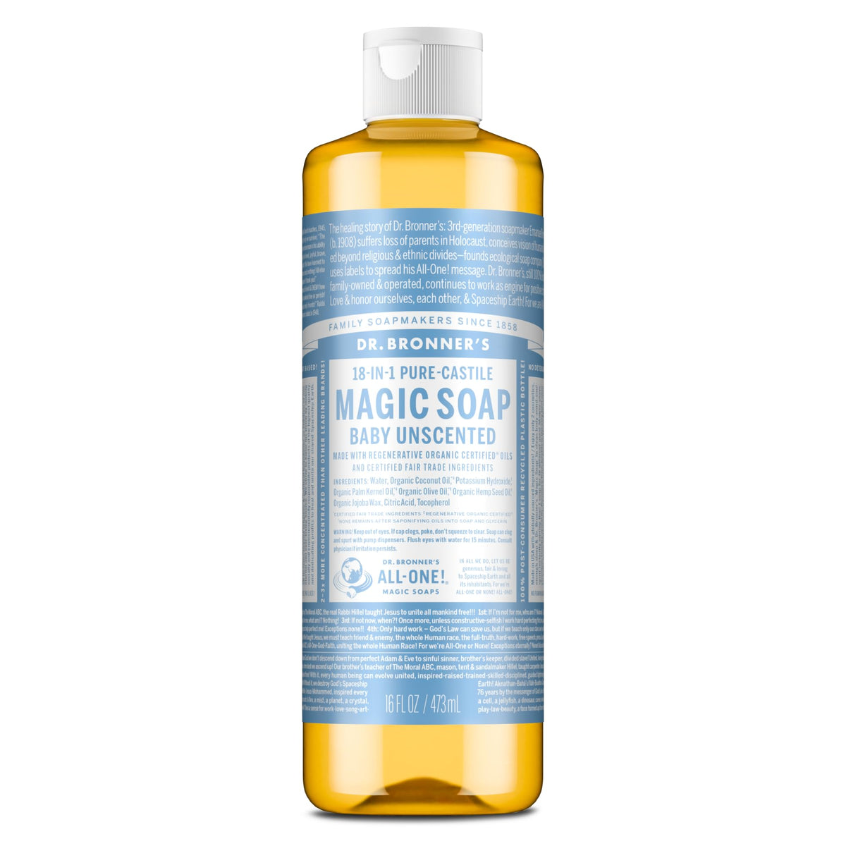 Dr. Bronner's front packaging showing clean unscented bottle and benefits