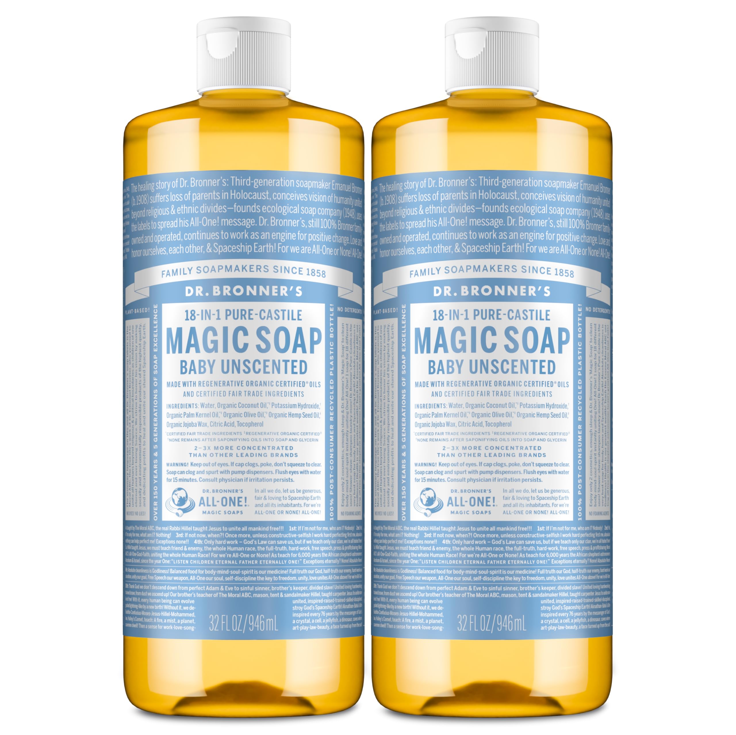 Dr. Bronner's bottle front packaging shows label and unscented benefits