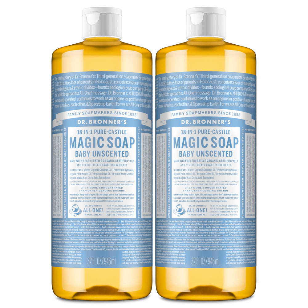 Dr. Bronner's bottle front packaging shows label and unscented benefits