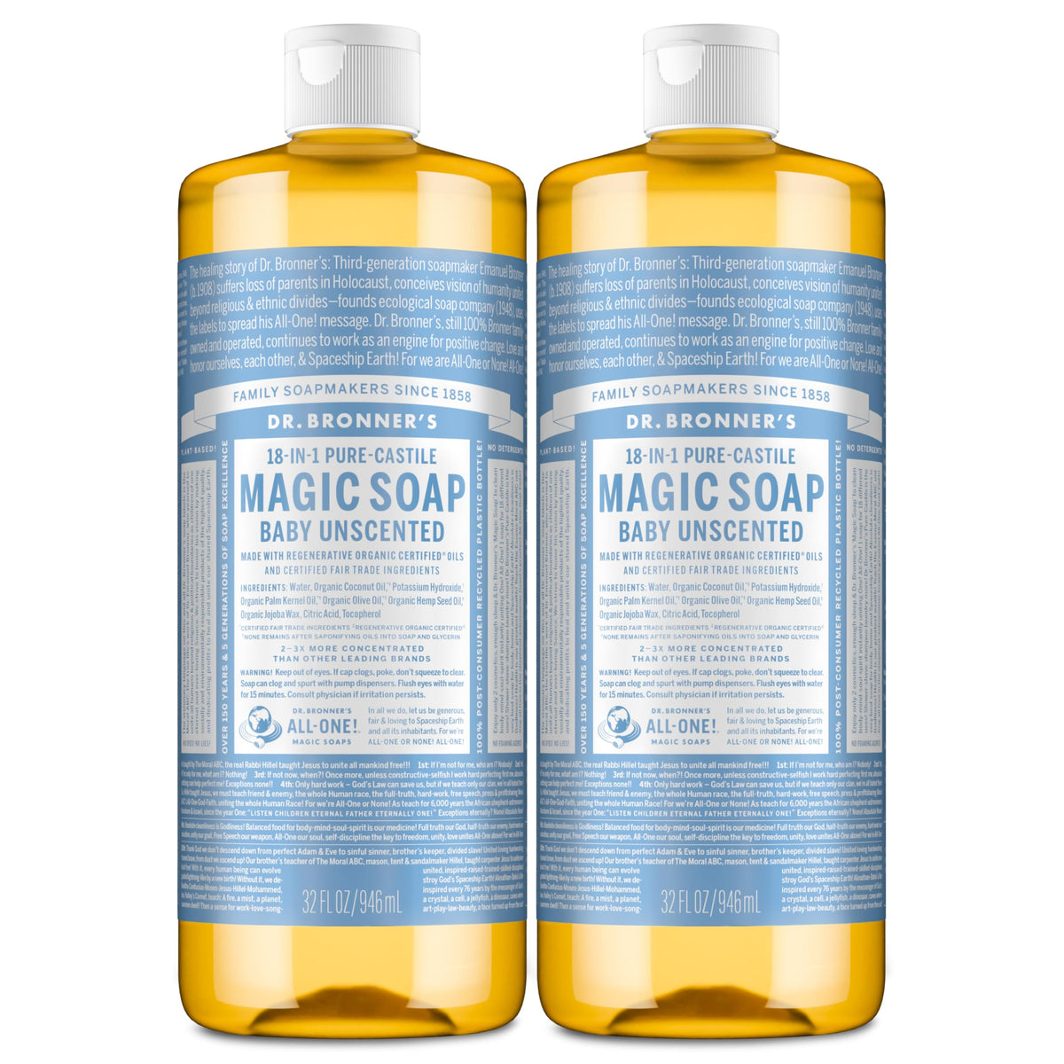 Dr. Bronner's bottle front packaging shows label and unscented benefits
