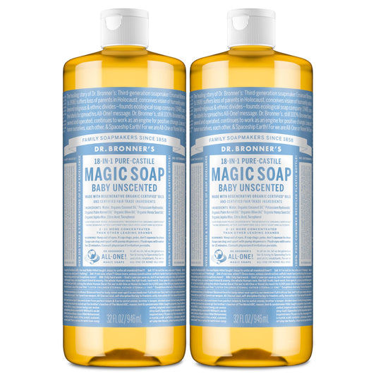Dr. Bronner's bottle front packaging shows label and unscented benefits