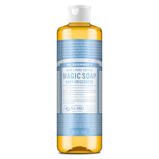 Dr. Bronner's front packaging showing clean unscented bottle and benefits